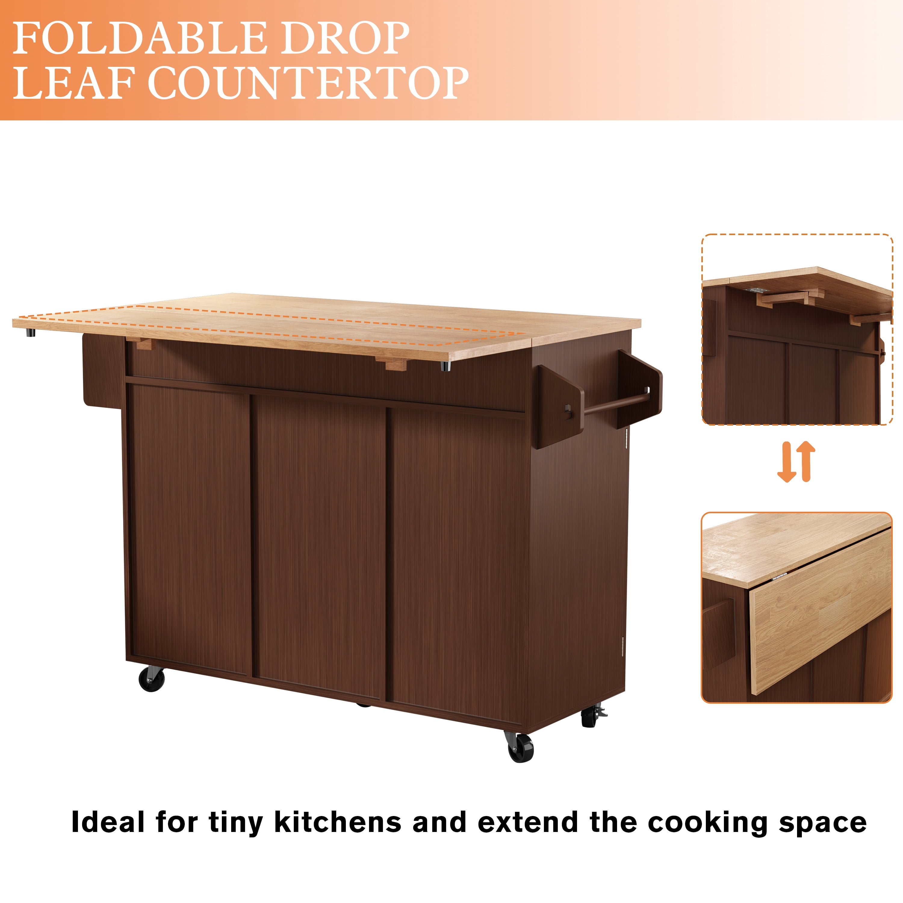 HLR 51.7" W Rolling Kitchen Island on Wheels, Adjustable Shelves, Breakfast Bar with Storage, Brown