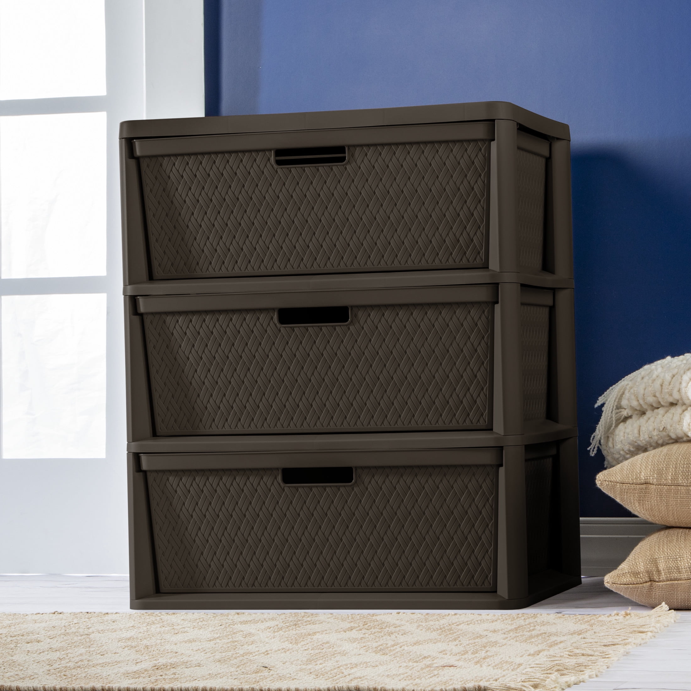 (2 pack) Sterilite Wide 3 Drawer Tower, Plastic Storage Organizer with Removable Decorative Bins, Easy to Assemble - No Tools Needed, Brown