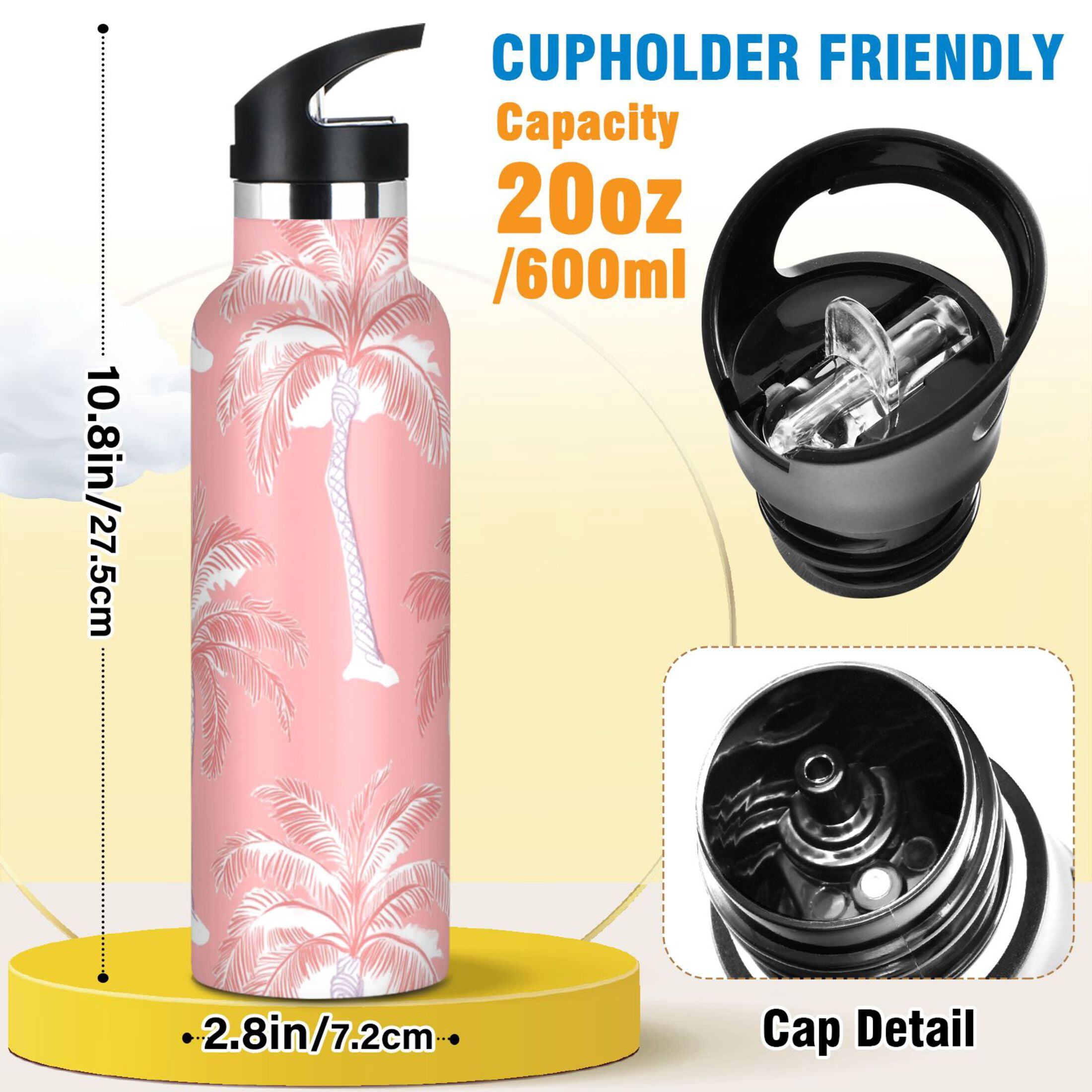 Kids Insulated Stainless Steel Sports Water Bottle 600ml (20oz) Coral Pink Palm Tree