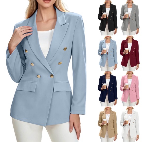 Smsaxvxz Blazers for Women Fashion Solid Double Breasted Suit Jacket Office Lady Casual Long Sleeve Blazer Suits Light Blue 2XL