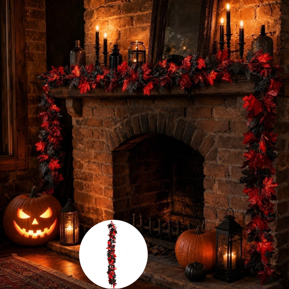 68.9 Inch Black Red Artificial Maple Leaf Garland, Flexible Fabric Autumn Foliage Vine For Door Frame Mantel Dining Table Railing Indoor Outdoor Halloween Thanksgiving Farmhouse Seasonal Home Decor