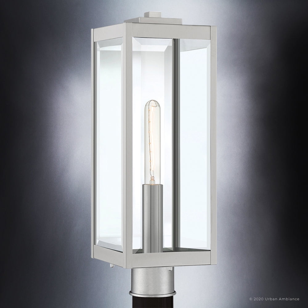 Luxury Modern Farmhouse Outdoor Post Light, 20.50''H x 7.00''W, with Industrial Style Elements, Minimalist Design, Stainless Steel Finish and Clear Beveled Glass, UQL1363