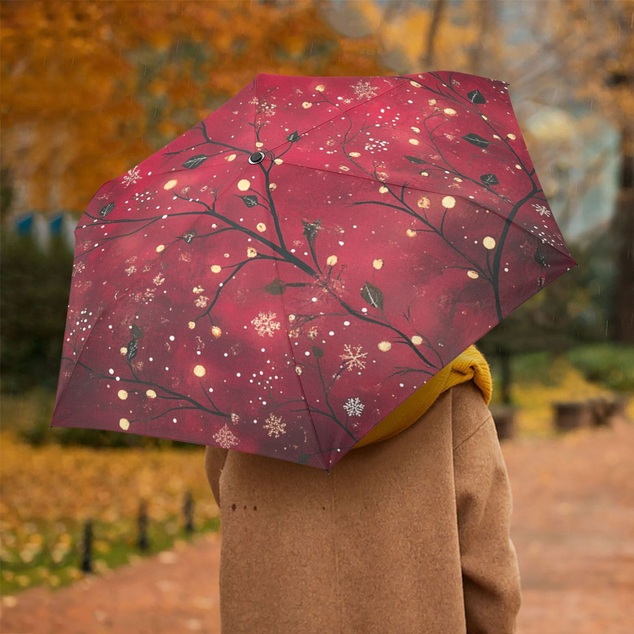 Winter Red Flowers Folding Umbrella UV50+ Waterproof Sun Protection Auto Open Close Compact Fiberglass Frame