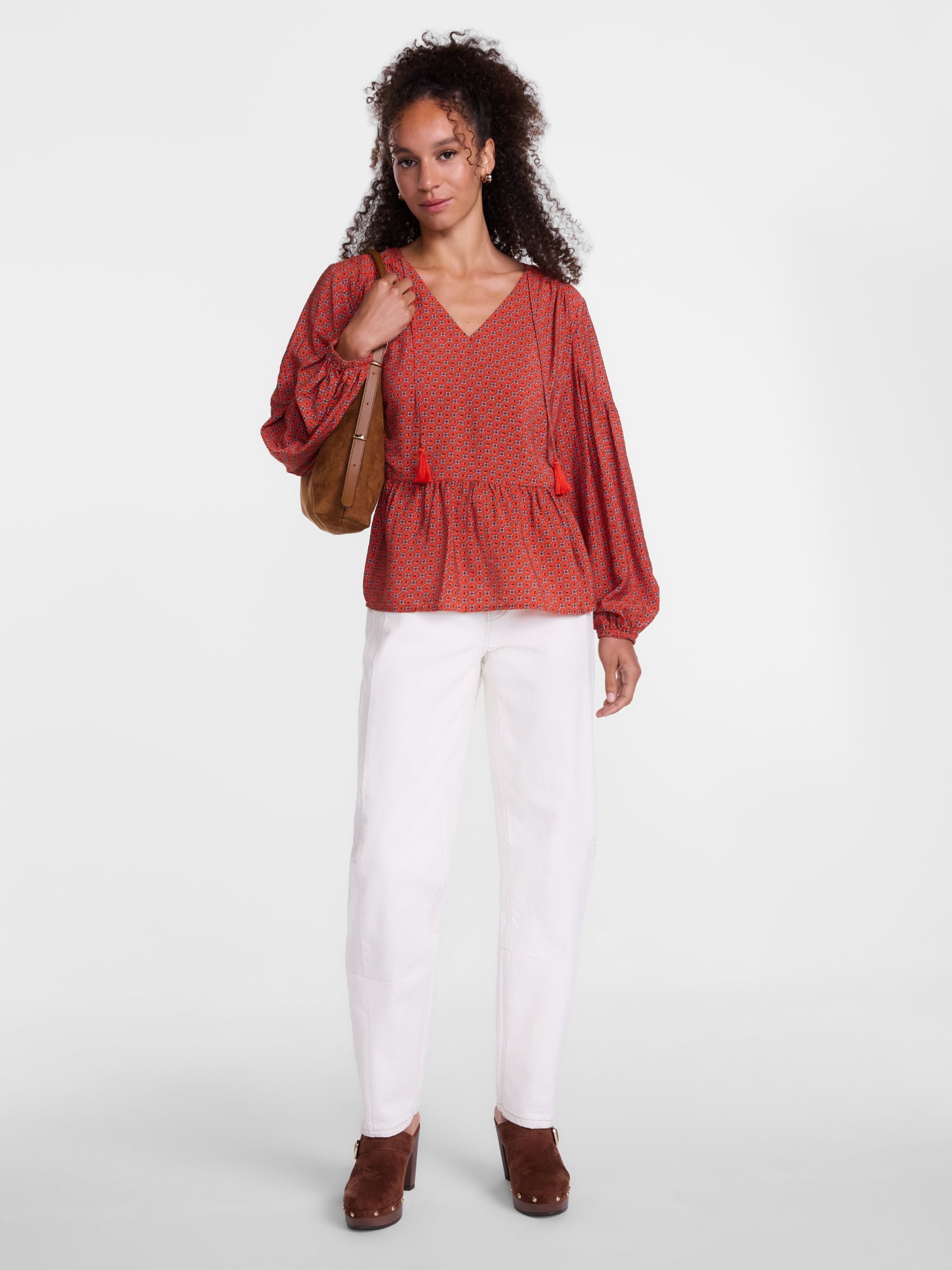 Scenario Women's and Women's Plus Gathered Yoke Blouse with Long Sleeves, Sizes XS-4X