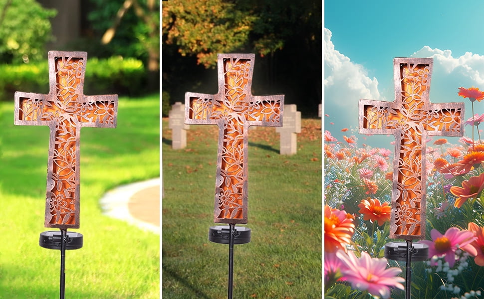 HUYIENO Solar Cross Garden Stake Lights 38inch Metal Outdoor Waterproof Memorial Garden Decor 2 Lighting Modes Cemetery Decorations for Grave for Remembrance Gifts & Sympathy Gifts