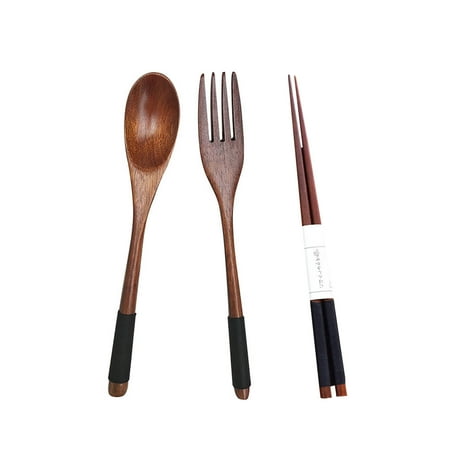

3Pcs Set Wooden Natural Cutlery Wooden Chopsticks Spoon Fork Set 8.5Inch