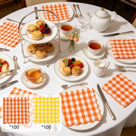 100Pcs Gingham Check Scalloped Paper Napkins, Colorful Cocktail Napkins for Holiday Party & Event Table Decor, Disposable Guest Towels for Bathroom, Orange