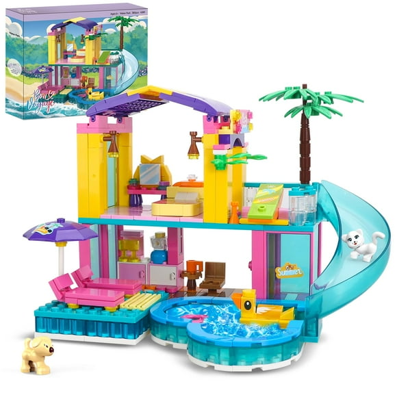 Dream Girls Friends Juego de construcción de casa de playa, 380 piezas, villa de playa junto al mar, casa de piscina con tobogán, juguetes de construcción, sala de fiestas de vacaciones de verano, kit