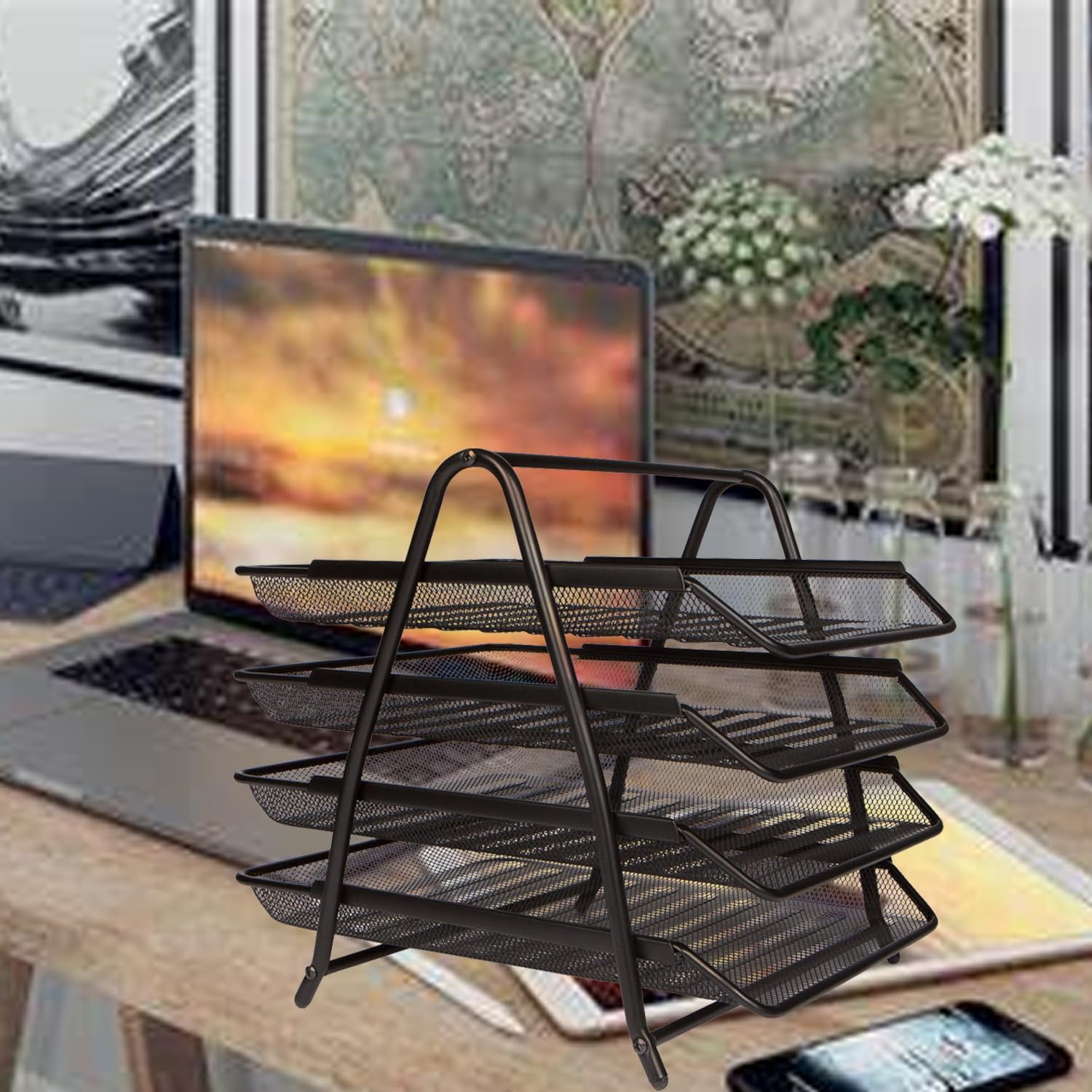 Desk Organizer，Paper Tray Organizer for Desk，4-Letter Tray Office Desk Paper Organizer, Desk Accessories & Workspace Organizers,Black