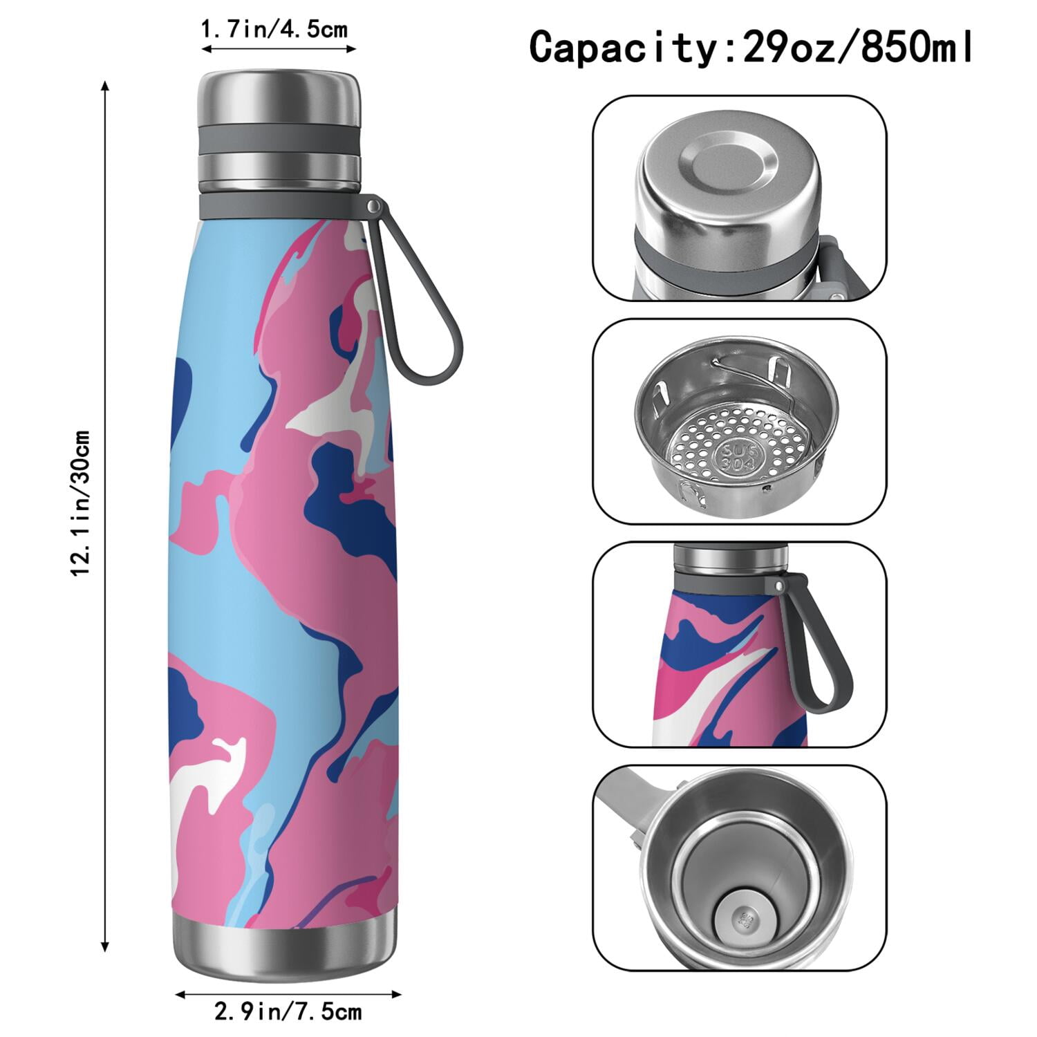 29oz Insulated Water Bottle with Tea Infuser, Stainless Steel Travel Mug, Liquid & Marble Print