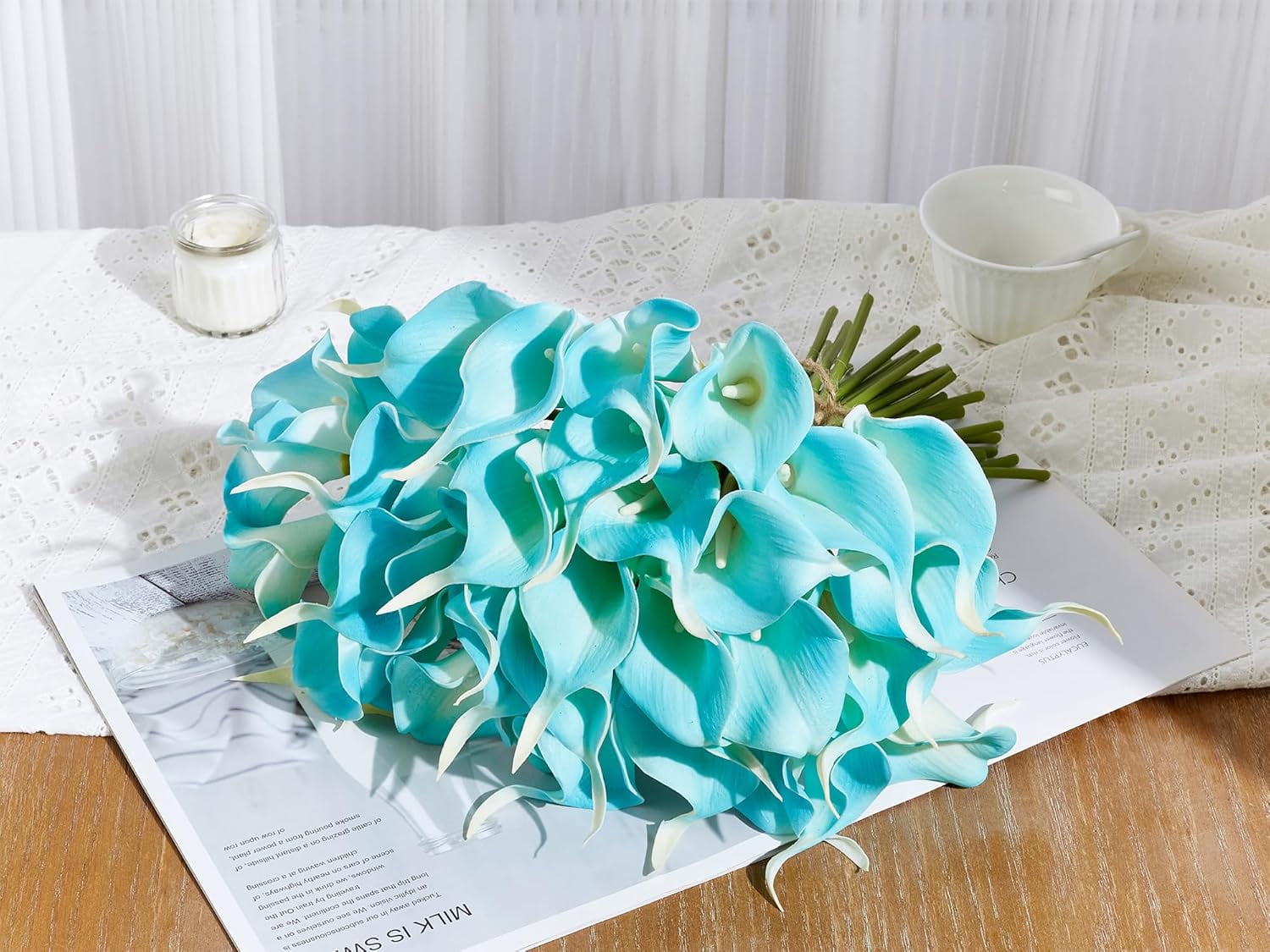 24 Pcs Artificial Calla Lily Flowers Fake Silk Flowers Real Touch for Wedding Bouquet Office Home Kitchen Decor (Peacock Blue)