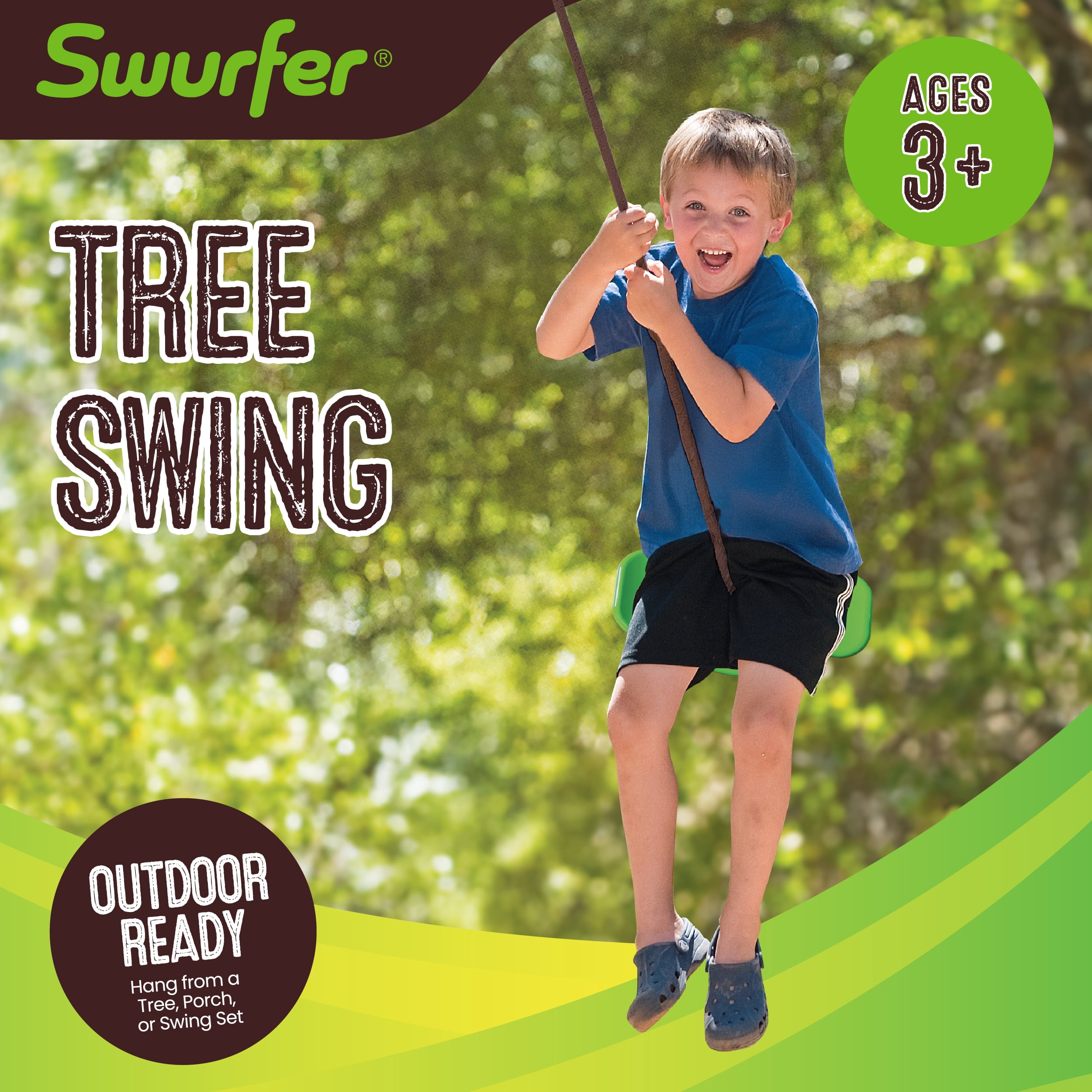 Swurfer Tree Swing Sets for Backyard - Outdoor Swing Seat for Kids, Swingset Outdoor Playset, Easy Installation, Durable, Heavy Duty Braided Rope, Weatherproof, Up to 150 lbs, Ages 4+, Green/Brown
