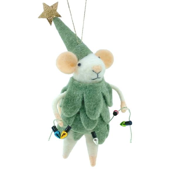 White Mouse Christmas Tree Decoration - Wool Mouse Dressed as Tree Ornament