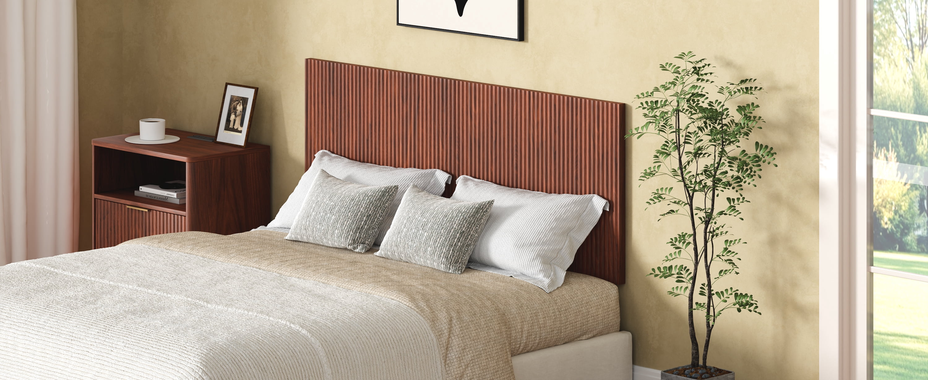 Modern Wavy Wooden Headboard 60.8 Inch for Queen Bed, Vertical Wood Grain Design with Easy Wall-Hanging Assembly, Bohemian Style, Easy Install, Walnut