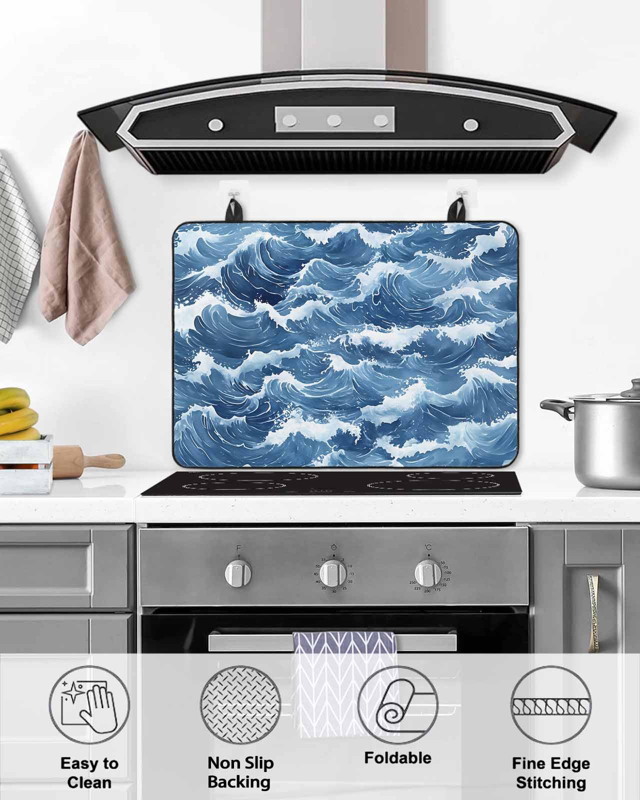 nqOlkjepod Large Induction Cooktop Protector Mat 28.5"x20.5", Ocean Waves Stove Top Covers for Electric Stove, Summer Beach Coastal Nautical Watercolor Stove Burner Cover Mats, Glass Top Stove Cover