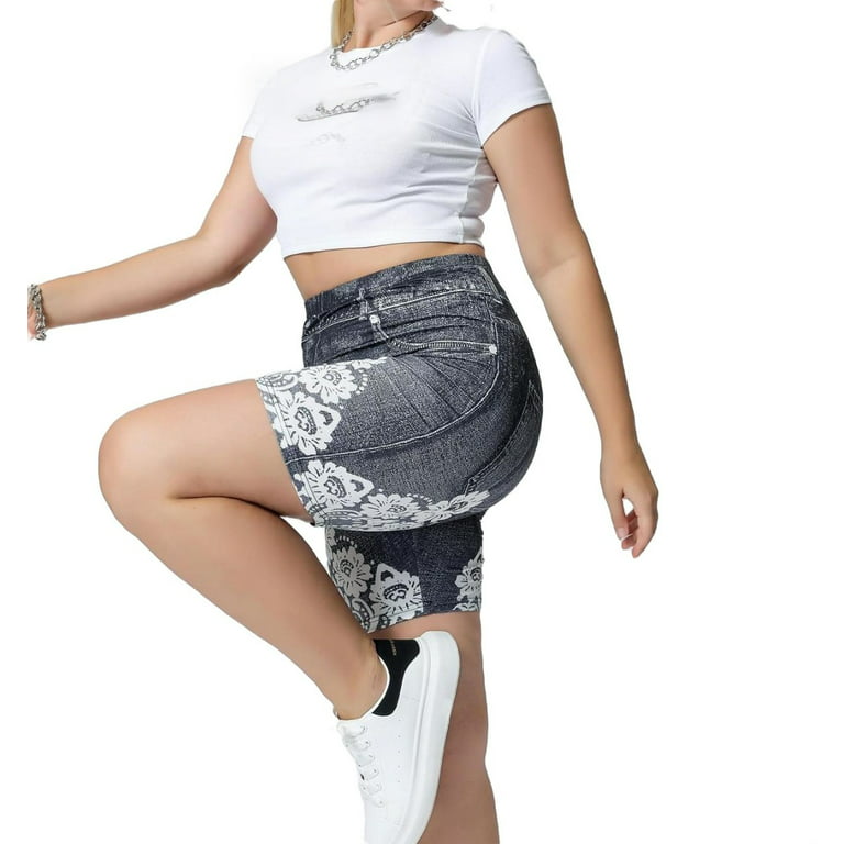 Women's Plus Size Shorts High Waist Tummy Control Jean Leggings with Pockets  2XL(16) 