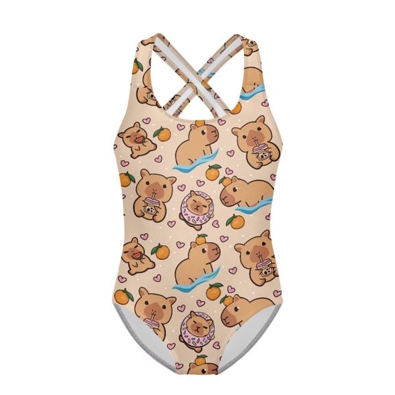 Tisuna Girls One Pieces Swimsuit Child Cartoon Print Sleeveless Suspender Swimwear Breathable Stretchy Little Youth Girls Beach Pool Bathing Suit Khaki Size 9-10 Years