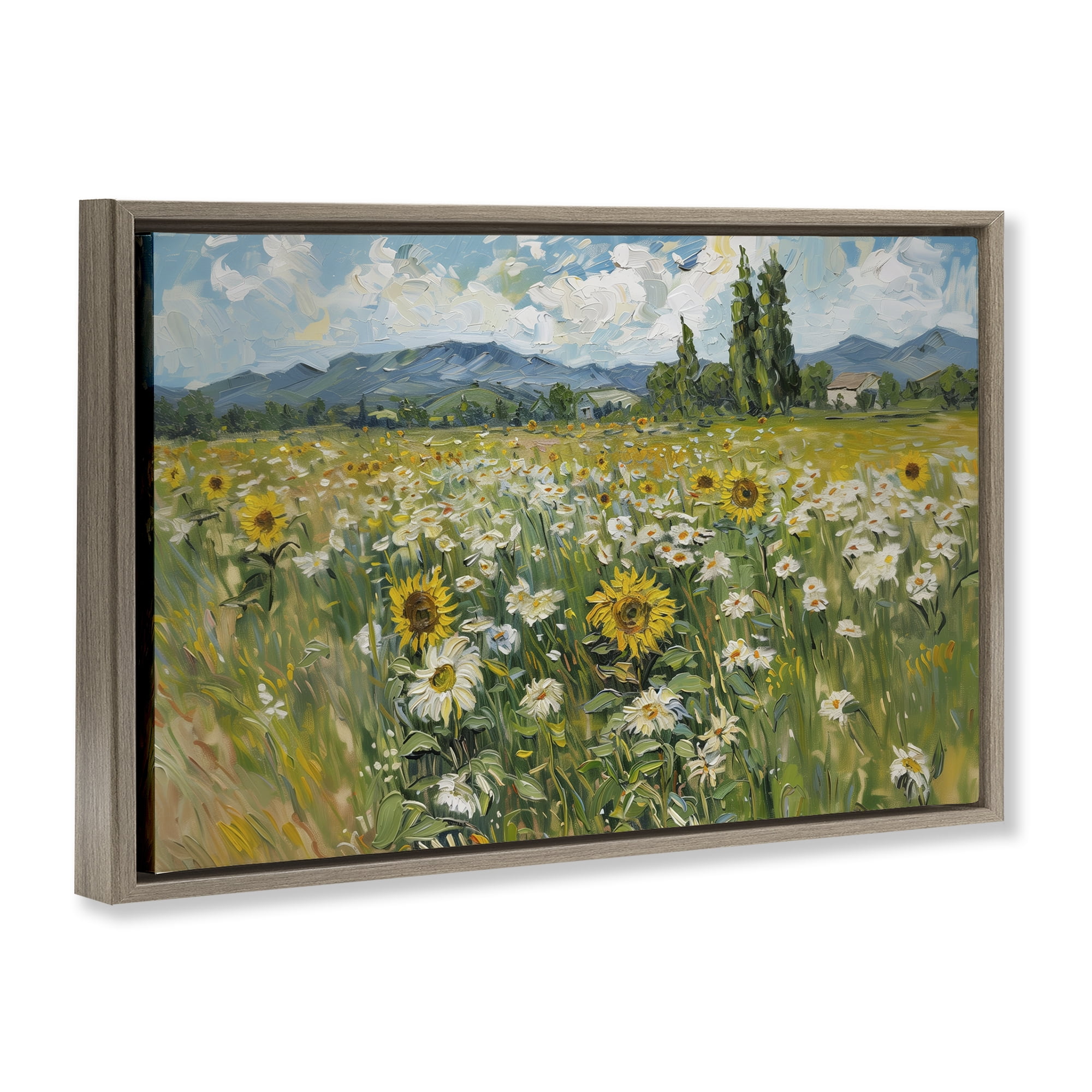 Stupell Industries Sunflower & Daisy Meadow Landscape & Nature Painting Brown Floater Framed Canvas Art Print Wall Art, 25 x 17