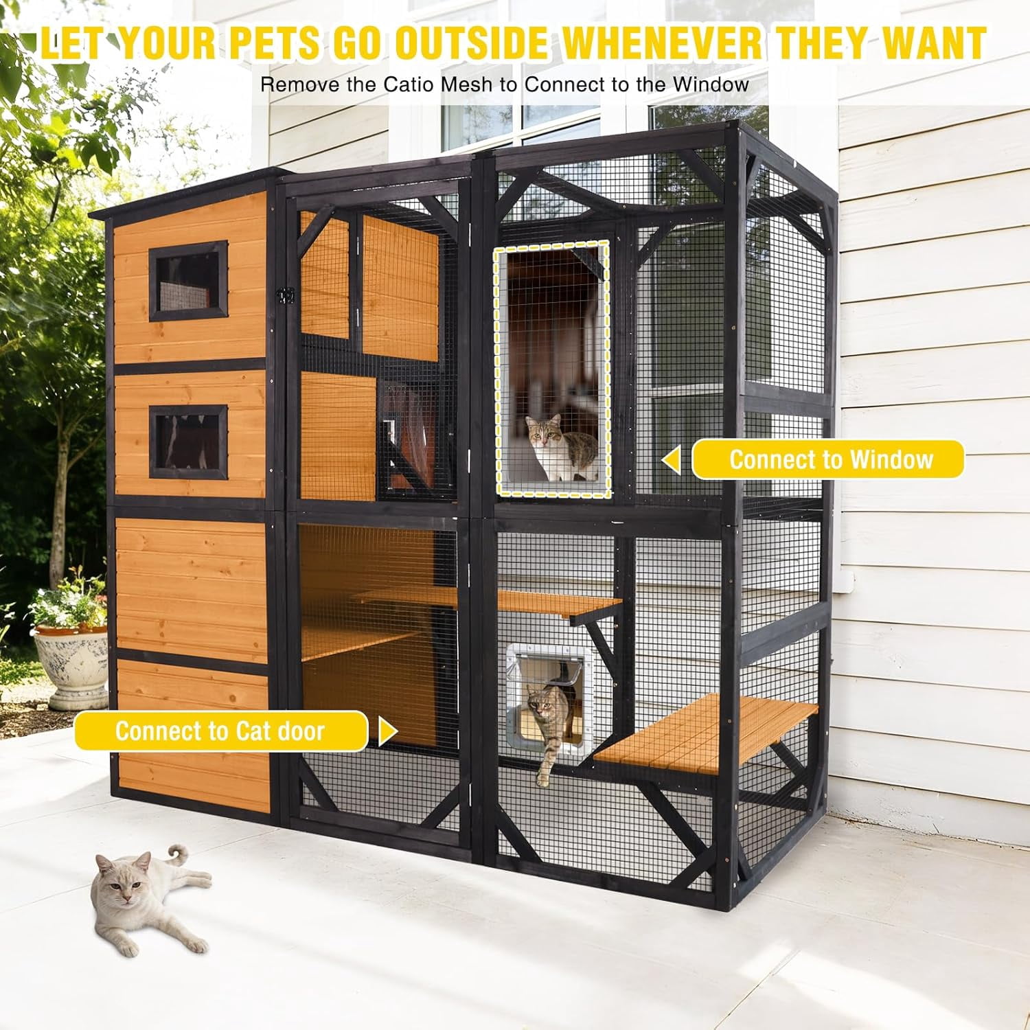 MEDEHOO Large Catio Cat Enclosure Window for Outdoor Cats, Weatherproof Cat House with Roof, Resting Platforms & Windows, Indestructible Feral Cat Shelter for Backyard - Black and Brown