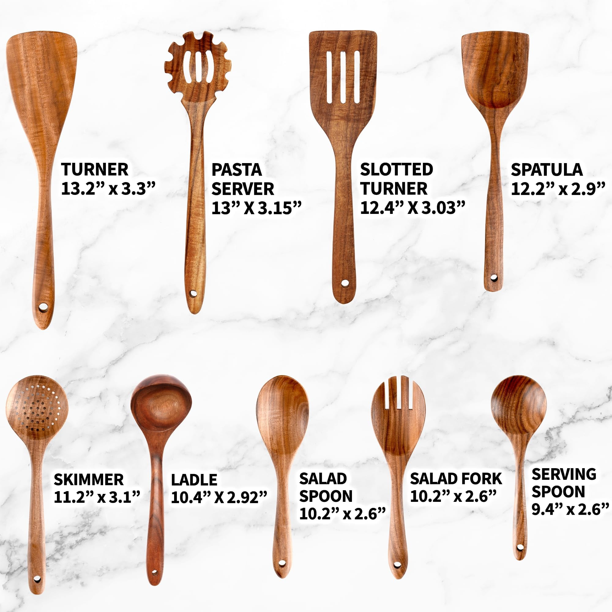 Zulay Kitchen Premium 9 Piece Teak Wooden Utensils - Smooth Finish Natural Teak Wood Cooking Utensil Set