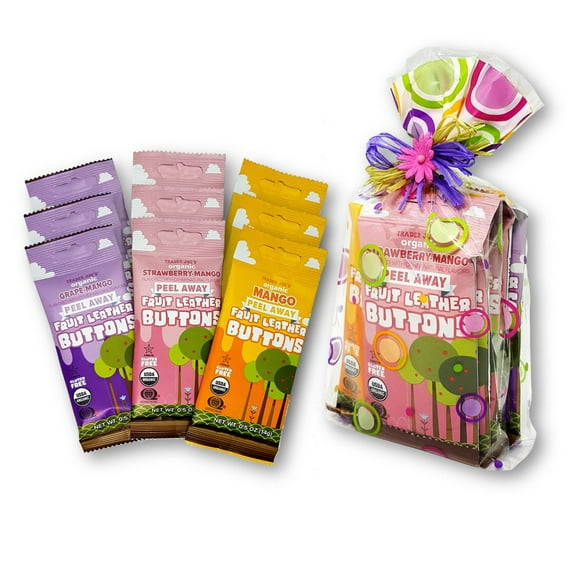 Organic Fruit Leather Buttons Peel Away Variety Pack Gift Set 3 Flavors (Mango, Strawberry-Mango, Grape-Mango) 3 Each (9-Piece Set)