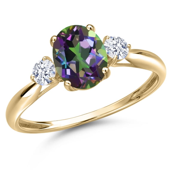 Gem Stone King 10K Yellow Gold Green Mystic Topaz and White Zirconia 3-Stone Ring for Women | 1.80 Cttw | Oval 8X6MM | Gemstone November Birthstone | Size 7