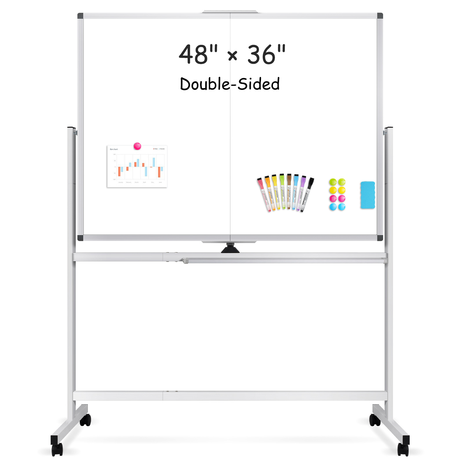 QUEENLINK Rolling Whiteboard on Wheels,48" x 36" Double-Sided Mobile White Board with Stand, 4' x 3' Portable Standing Magnetic Dry Erase Board Easel for Home Office Classroom School