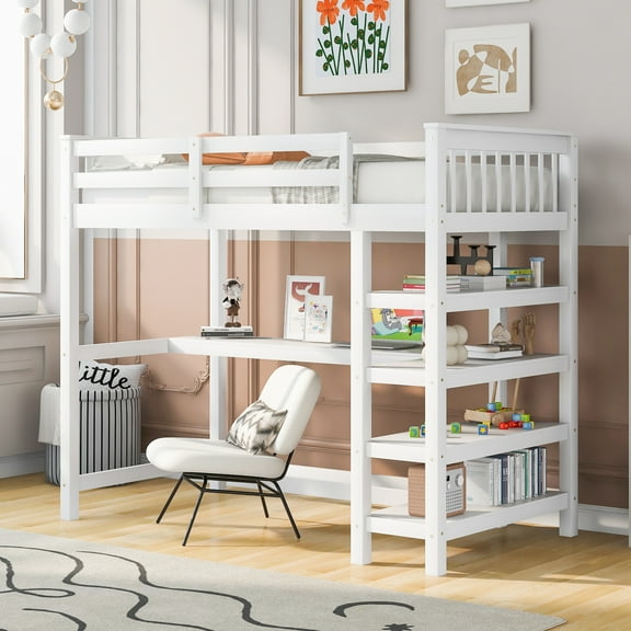 Yoneston Twin Size Loft Bed with Storage Shelves, Wooden Twin Loft Bed Frame with Under-bed Desk for Boys Girls Teens Bedroom, White