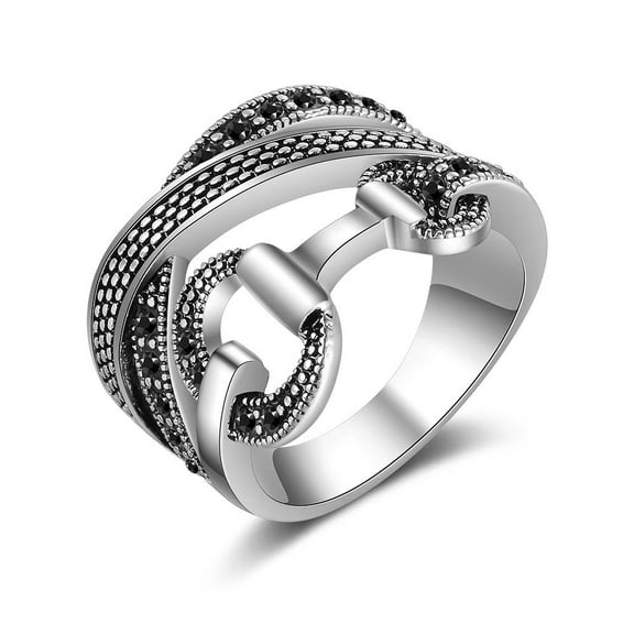 Mytys Criss Cross Rings for Women Retro Silver Black Crystal Belt Design Band Ring