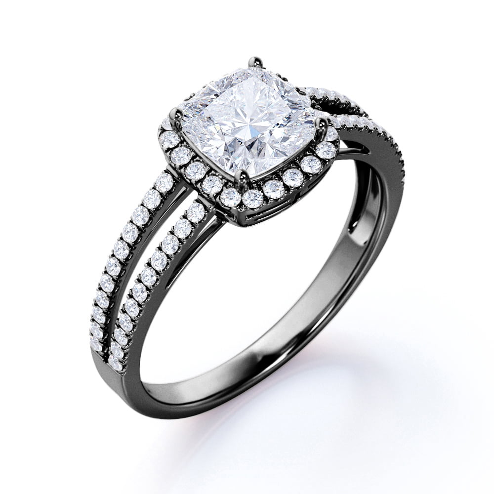 JeenMata 1.25 Carat Cushion Cut Moissanite - Halo - Split Shank Engagement Ring - 18K Black Gold Plating Over Silver