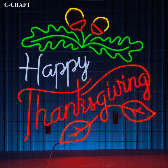 C-CRAFT Happy Thanksgiving Neon Sign LED Light 25 inch for Wall Decor