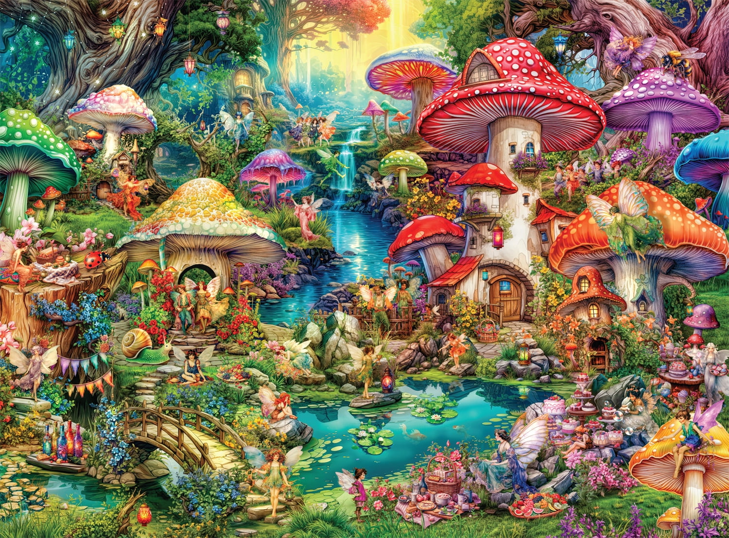 Buffalo Games 1000-Piece Aimee Stewart Merry Mushroom Village Picnic Adult Interlocking Jigsaw Puzzle