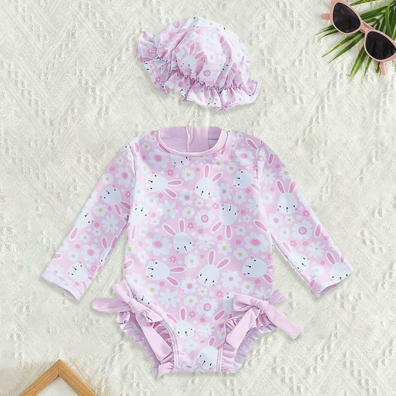 Zylarhe Girls Swimsuit, Girls Long Sleeve Swimsuit Romper Rash Guard Sun Protective Beachwear with Matching Hat 12-18 Months Light Pink