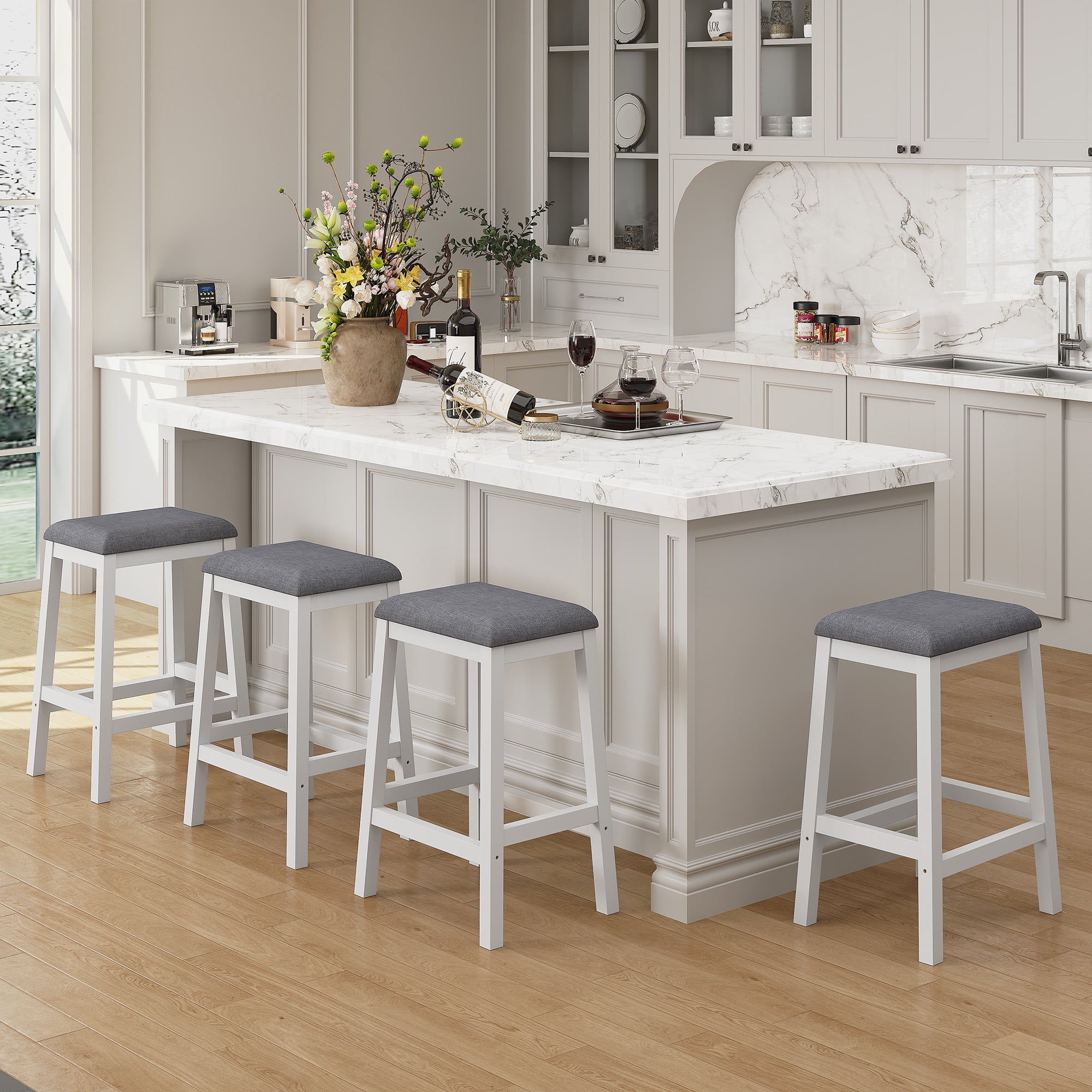 HLR 24.8" Bar Stools, Farmhouse Set of 2 Bar Chairs with Cushion for Kitchen, Dining Room, Cafe White