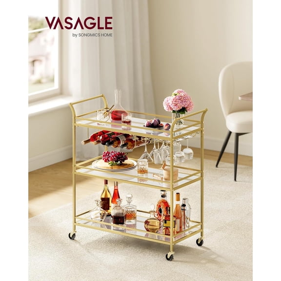 Bar Cart Gold, Large Home Bar Serving Cart with 3-Tier Mirrored Shelf, Wine Holders, Glass Holders, Kitchen, 15 x 33.9 x 35.4 Inches, Gold ULRC083A02