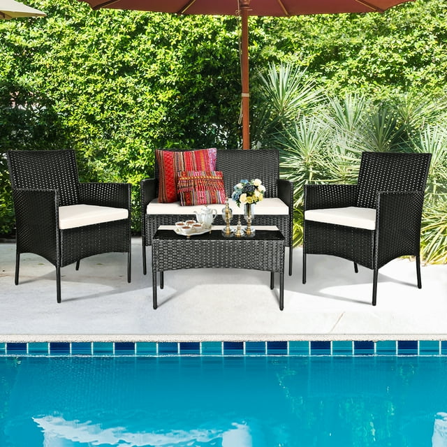 Gymax Ensemble de Conversation en Rotin pour Patio 4 Pcs Ensemble de Meubles d'Extérieur avec Coussin