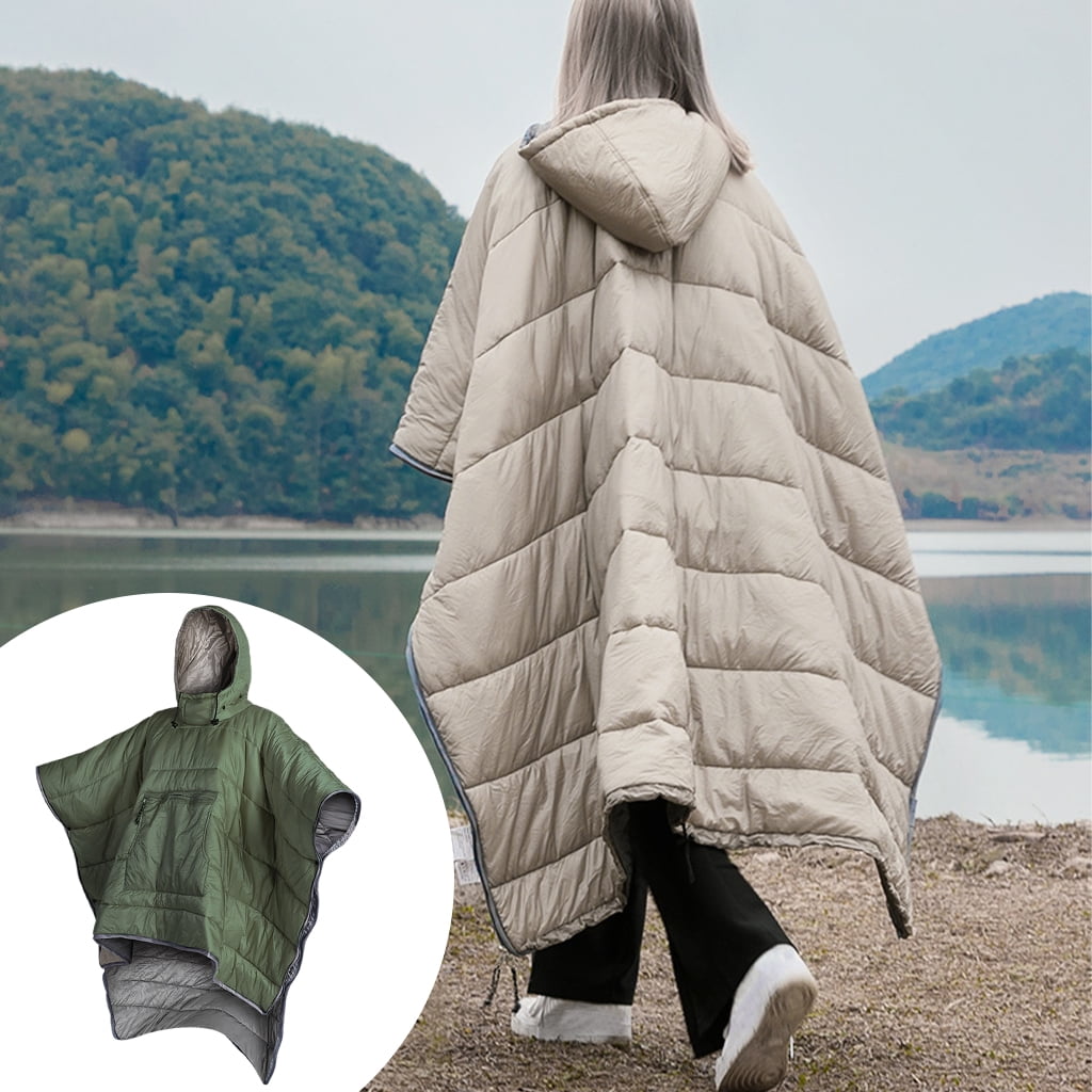 Lipstore Thermal Poncho Wearable Hooded Blanket Lightweight Camping Sleeping Bag Cloak Green Green 200x140cm 78.74x55.12inch