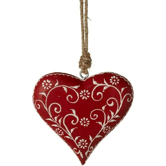 Ganz Hand Painted Floral Patterned Heart Wooden Ornament, Red, 4 Inches