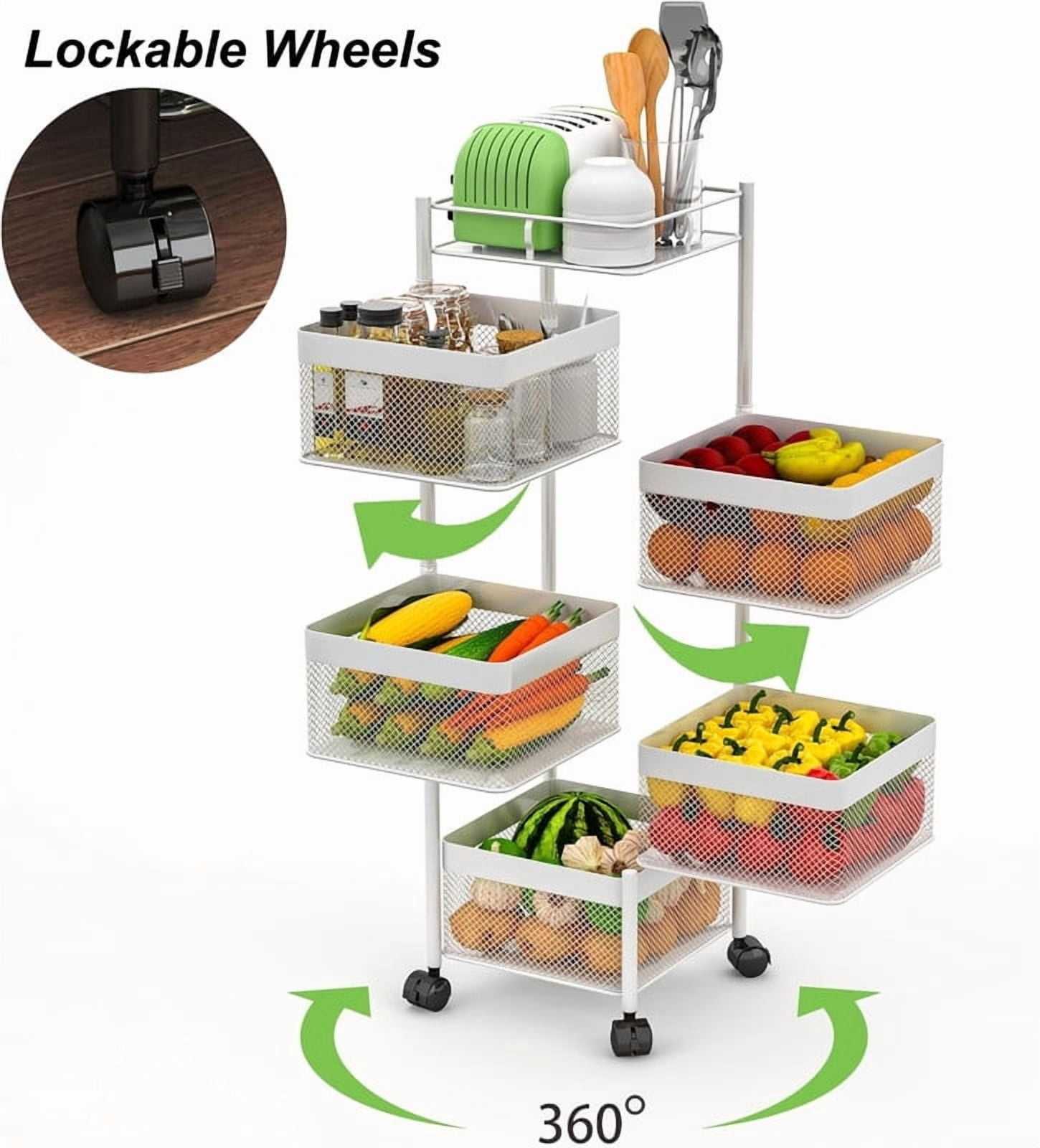 Howcool 5-Layer Metal Rolling Cart with Wheels, Kitchen Vegetable Storage Rack with Rotating Mesh Baskets