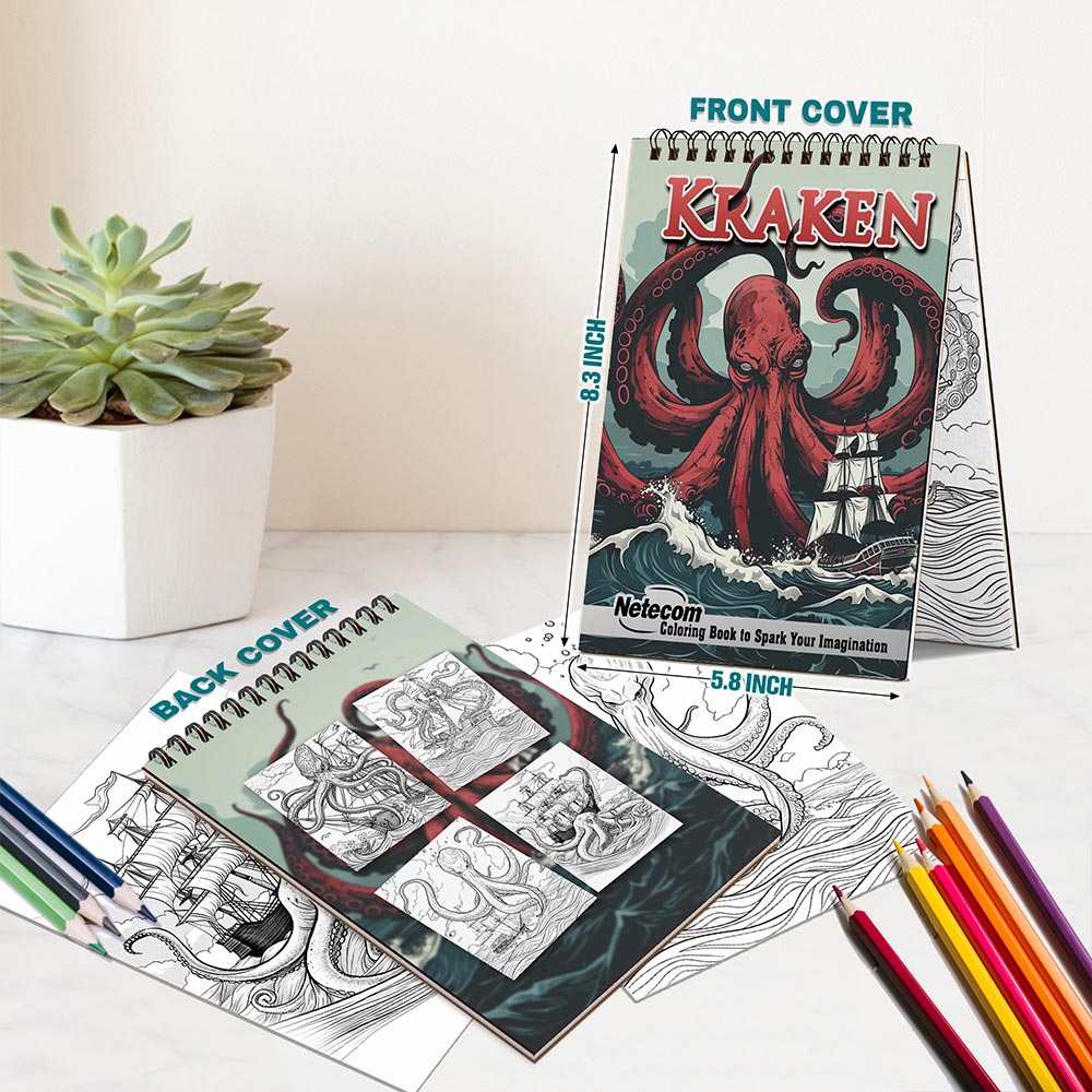Netecom Kraken Coloring Book for All Ages, A5 Wooden Cover, 30 Awesome Coloring Pages of Mythical Sea Monsters for Stress Relief and Relaxation, Spiral Bound Edition