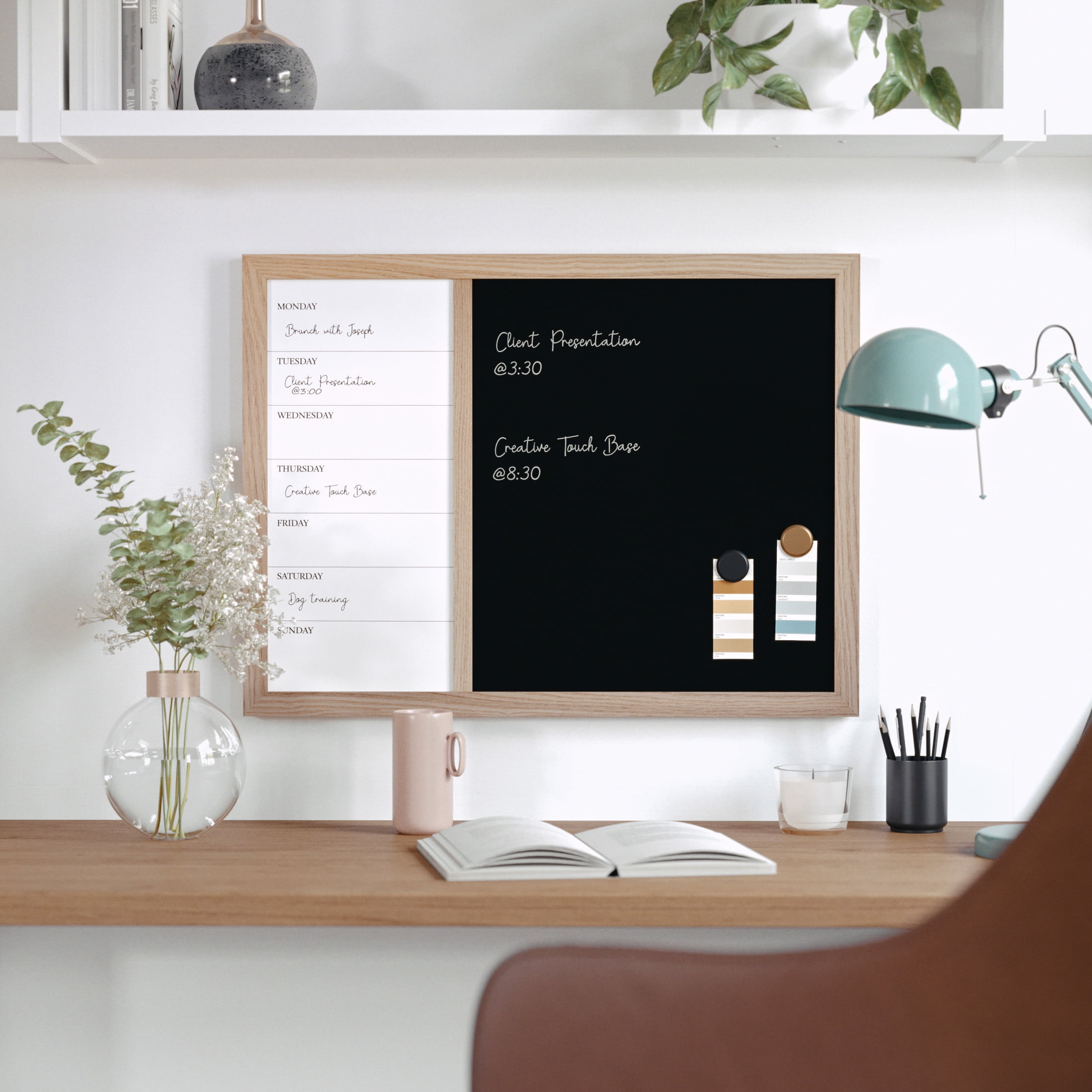 Martha Stewart Everette 24"x18" Magnetic Weekly Calendar Dry Erase Board and Chalk Board with Liquid Chalk Marker and Magnets, Light Natural Woodgrain Frame