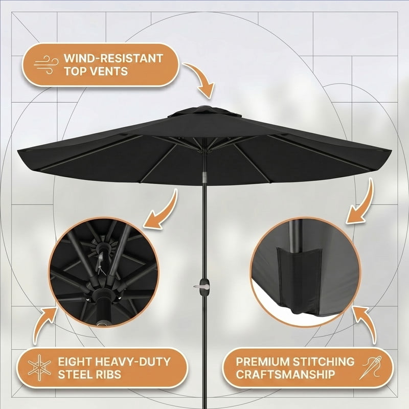 Lacoo 9' Outdoor Patio Umbrella, Market Table Umbrella with Push Button Tilt, 8 Heavy-Duty Steel Ribs & Wind Vents, Black
