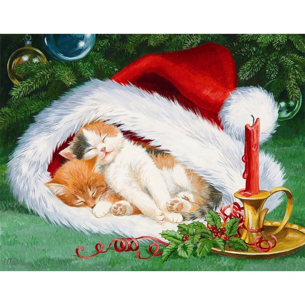 Pintura de diamante (DE7881) Kit de diamantes de imitación cuadrados de gatito con sombrero de Navidad DIY 30x40cm Hugtrwg Para estrenar