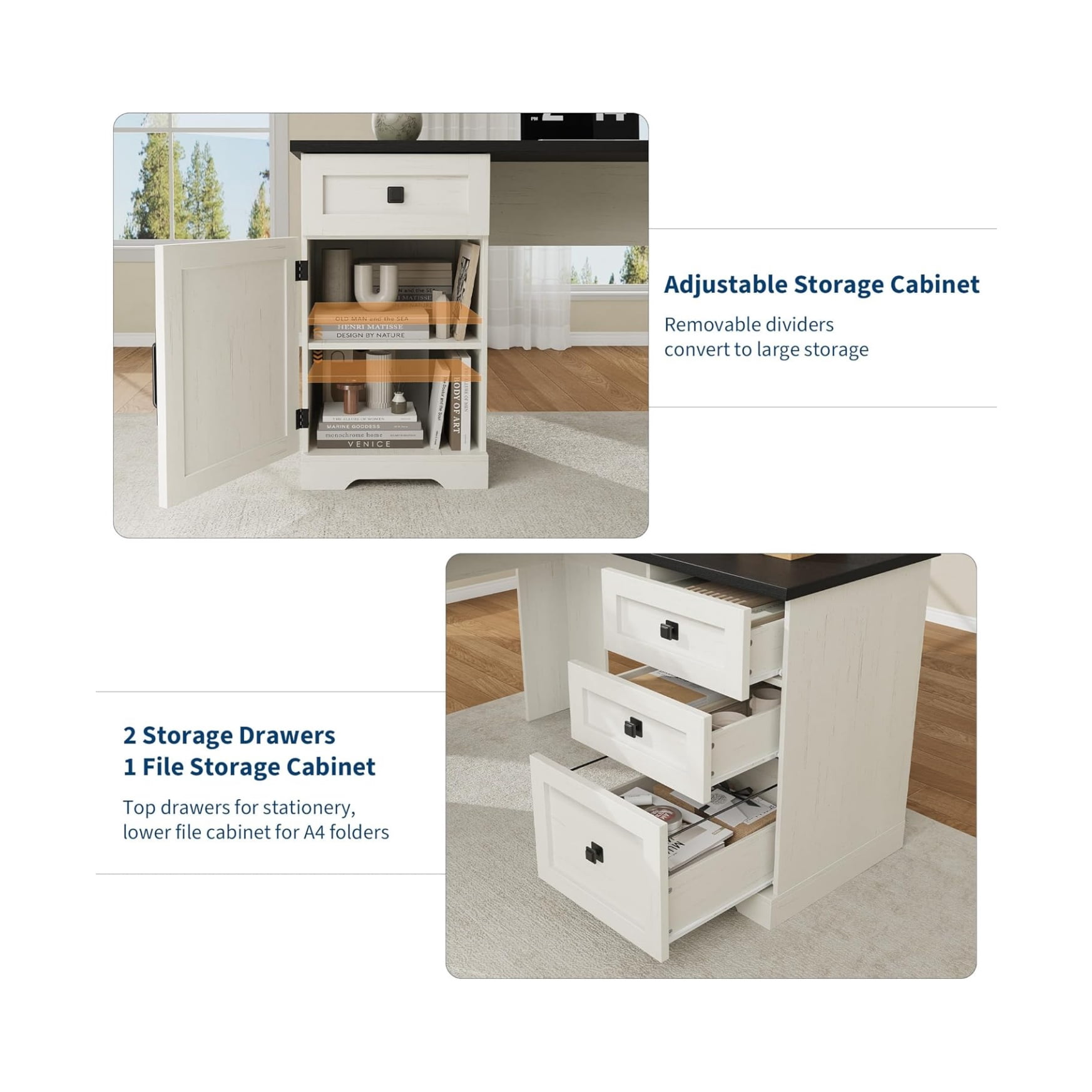 Farmhouse 60" Executive L Shaped Desk, Home Office Desk with File Drawers and Storage Cabinet, Corner Computer Desk with Adjustable Side Storage Cabinet
