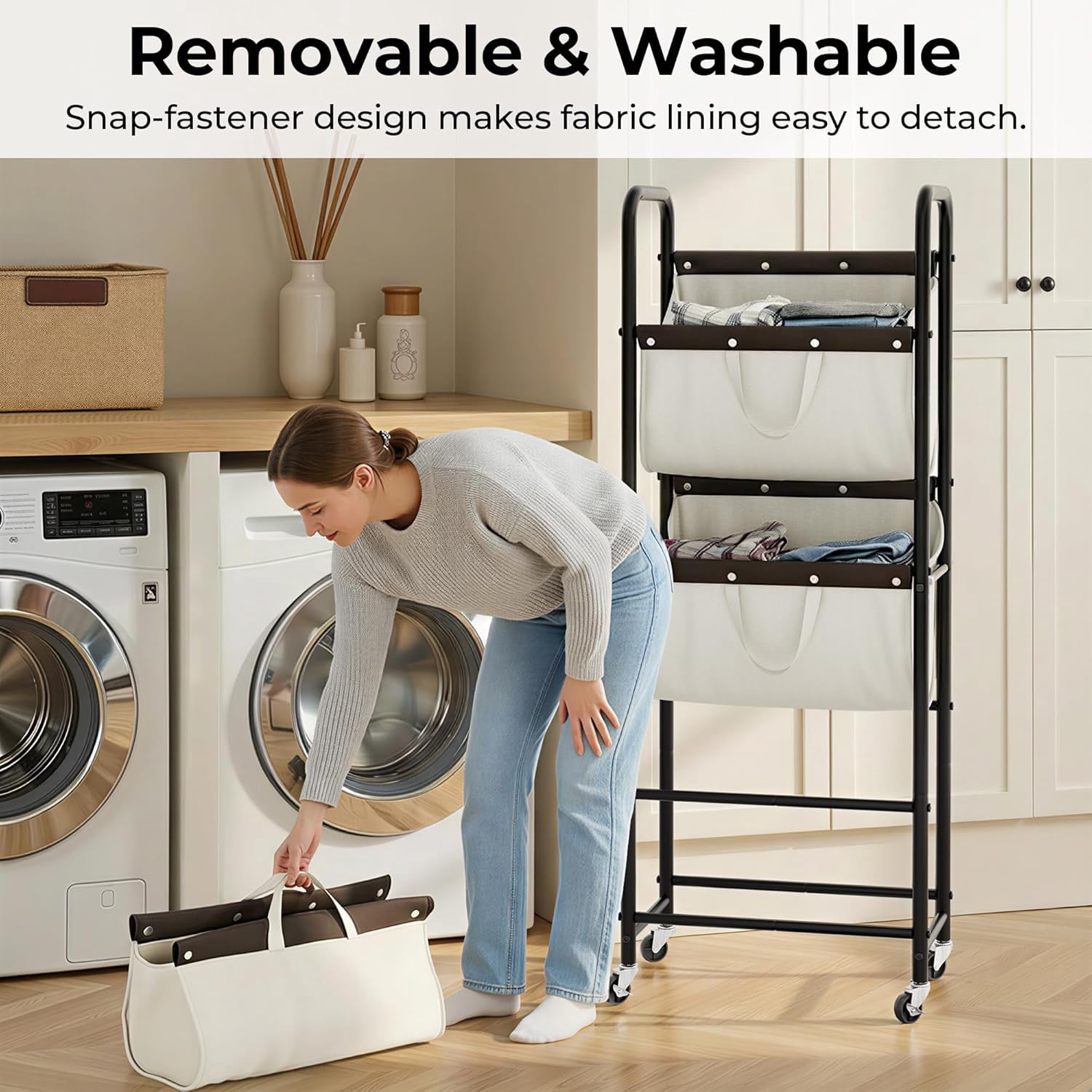 GRANNY SAYS 3-Tier Laundry Basket with Wheels, 120L Rolling Laundry Hamper Sorter, 3 Section Metal Frame Laundry Organizer, Removable Bags, Beige