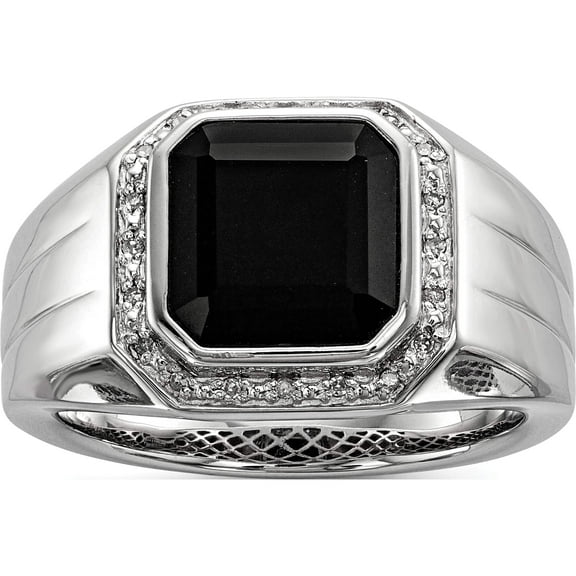 Sterling Silver Ss Rh Plated White Night Diamond & Black Onyx Square Men's Ring (Size 10) Made In India qr5556-10