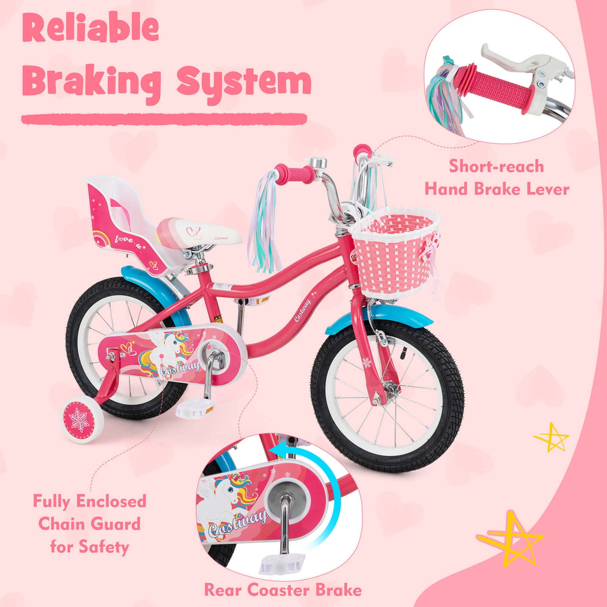 Costway 14 Inch Kids Bike with Basket Doll Seat & Colorful Streamers 2 Training Wheels Pink