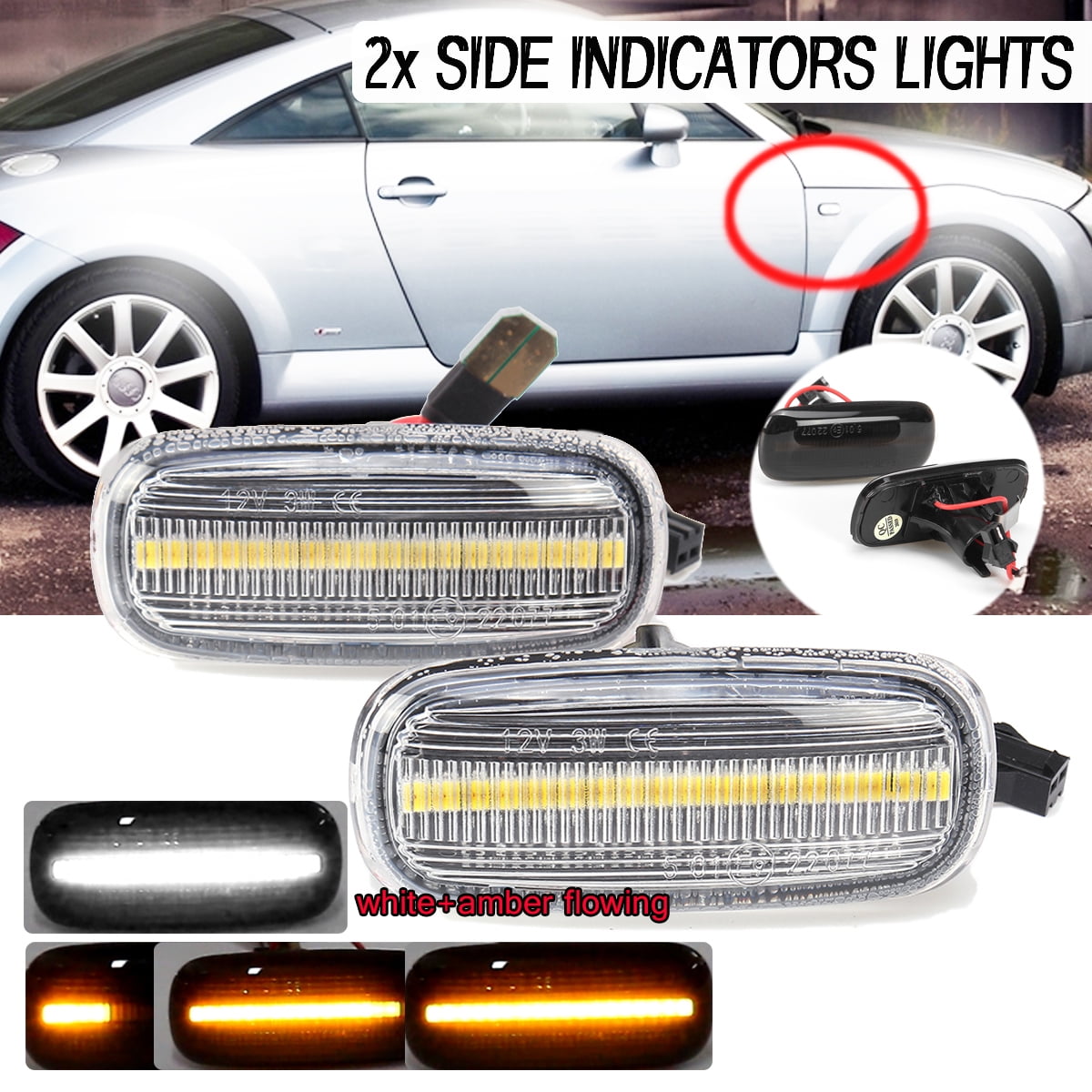 White + Amber Dynamic LED Side Marker Light Indicator For Audi A3 S3 8P