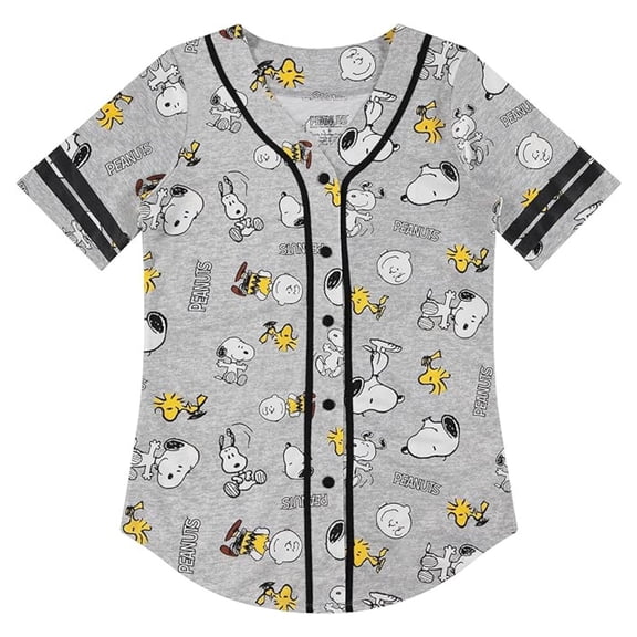 Peanuts Women's Snoopy Baseball Jersey, Printed Classic Snoopy Baseball Shirt Grey Black – M
