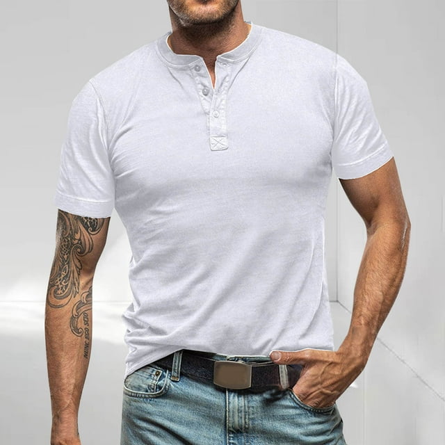 TIMIFIS White Athletic Shirts for Men Slim Solid Color Tops V Neck Short Sleeve Undershirt Button Up Running Gym Workout Jogging Pullover Stretchy Shirt Summer Spring Casual Comfy Outfit